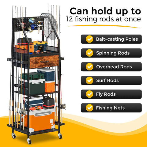Fishing Rod Rack Organizer With Fabric Drawer And Pegboard 3 Tier Garage Storage for 12 rods, reels, tackle boxes, portable gear cart.