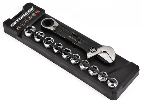 Go-Through 11Pc Mechanic Socket Set With 3/8 Inch Ratchet, 6 Point Sockets, And 3 In 1 Black Oxide Adjustable Wrench