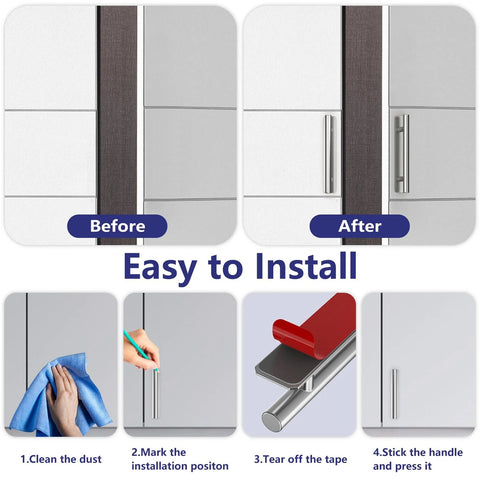 Before and after installation of Two Pack Self Stick Aluminum Alloy Cabinet And Drawer Handles No Drilling Adhesive Door Pulls Easy Install