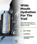 No Sweat Wide Mouth Stainless Steel Water Bottle With Loop Cap 40 Oz Non Insulated BPA Free Dishwasher Safe Brushed Finish on a vehicle for outdoor use.