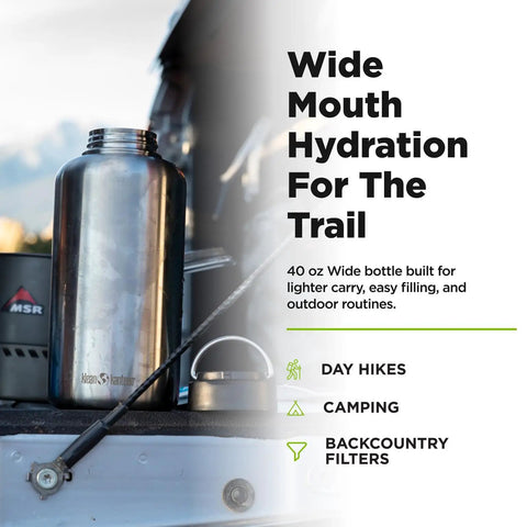 No Sweat Wide Mouth Stainless Steel Water Bottle With Loop Cap 40 Oz Non Insulated BPA Free Dishwasher Safe Brushed Finish on a vehicle for outdoor use.