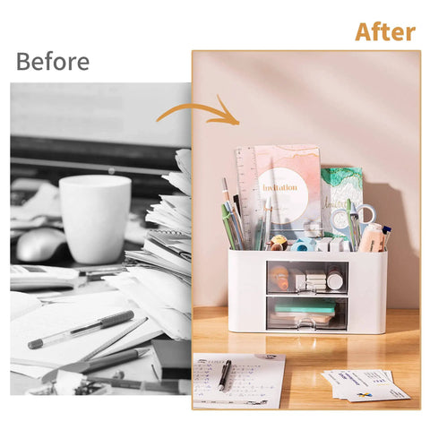 Pen Organizer With 2 Drawers For Desk, Multi Functional Pencil Holder With 5 Compartments Top Tray And Notebook Holder