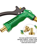 Green garden hose nozzle with brass connector from Four Pack One Half Inch Garden Hose Repair Connector Kit With Male And Female Fittings.