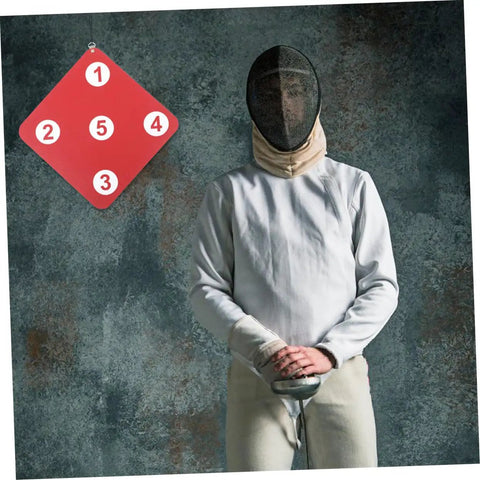 Fencer beside Double-Sided Fencing Target Pro-Grade For Home Practice with wall mount and numbered red target