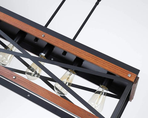 Close-up of Dope Industrial Rustic Wood And Metal Linear Pendant Chandelier With Five Lights For Kitchen Island Dining Room And Living Room Black Finish