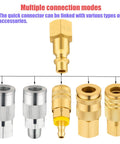 Assorted brass and silver air hose fittings and connectors for pneumatic tools shown with multiple connection modes.