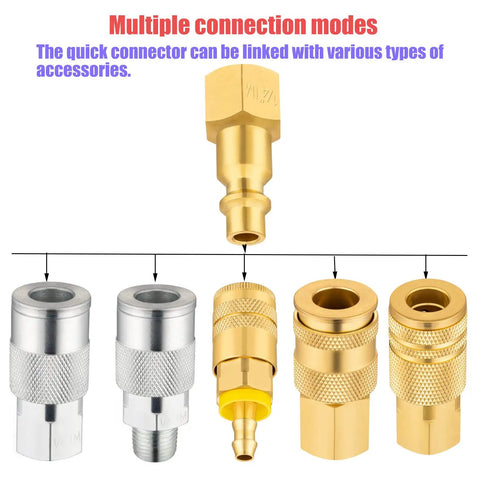 Assorted brass and silver air hose fittings and connectors for pneumatic tools shown with multiple connection modes.