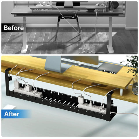 Before and after using Extendable Under Desk Cable Management Tray With Clamp No Drill Metal Cable Organizer for tidy desk setup