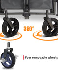 Close-up of All Terrain Collapsible Wagon Cart With Canopy And Two Seats For Camping, 360 degree swivel front wheels shown.