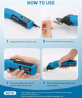 How to use Vloxo 4 Volt Cordless Electric Cardboard Cutter Scissors Rechargeable Box Opener with safety lock and power button.