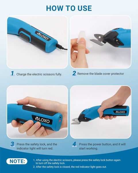 How to use Vloxo 4 Volt Cordless Electric Cardboard Cutter Scissors Rechargeable Box Opener with safety lock and power button.