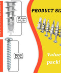 100 Piece Zinc Self Drilling Drywall Anchors And Screws Kit With 50 Heavy Duty Hollow Metal Anchors And 50 Size 8 And One Quarter Inch Screws For Secure Sheetrock Mounts And Durable Quick Installations shown in product size illustration.