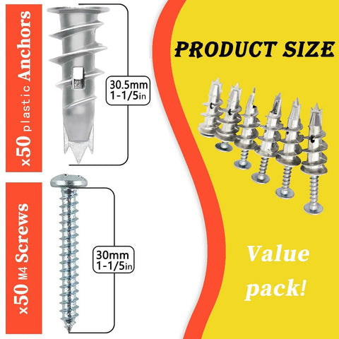 100 Piece Zinc Self Drilling Drywall Anchors And Screws Kit With 50 Heavy Duty Hollow Metal Anchors And 50 Size 8 And One Quarter Inch Screws For Secure Sheetrock Mounts And Durable Quick Installations shown in product size illustration.