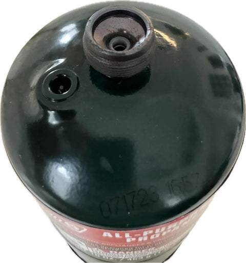 Close-up of steel top and connection on Pre-Filled 16 Oz Propane Cylinders For Camping Grab-And-Go 6 Pack Ready To Use Portable