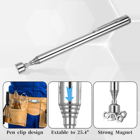 Telescoping Magnetic Pickup Tool Three Point Five Pound Lift Extendable Magnet Grabber with pocket clip and stainless steel body.
