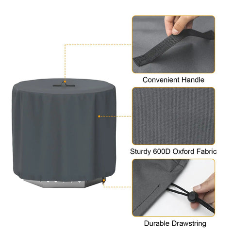 Built Tough 27 Inch Fire Pit Lid Cover With 600D Oxford Fabric Weatherproof Shield for Yukon 27 Inch showing handle and drawstring