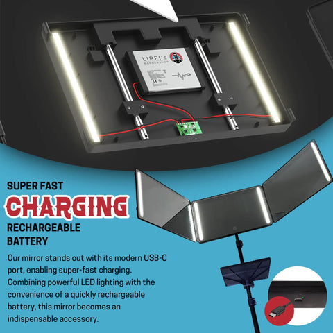360 Self Grooming Mirror With Tripod And LED Lights For At Home Pro Grade Haircuts And Makeup USB C Fast Charge battery detail