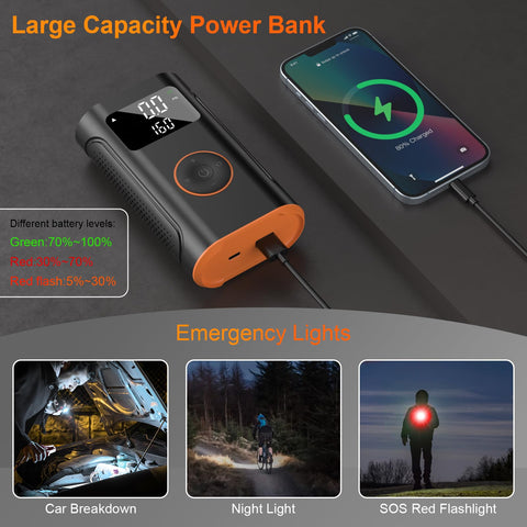 Portable Tire Inflator Air Compressor 160 PSI With Memory Function And Tire Pressure Gauge showing power bank and emergency lights