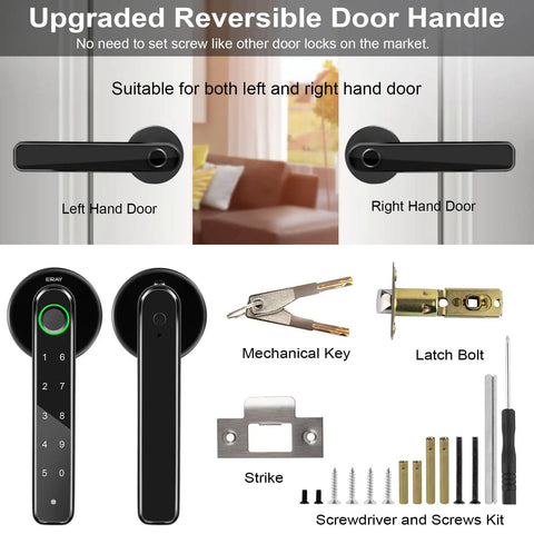 Fingerprint Door Lock Set With No Key Needed Keyless Entry And Black Keypad Code Lever Handle Three Ways Unlock mechanisms