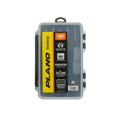 StowAway 3600 Tackle Box With Rustricor Corrosion Protection Single Latch Design Clear DuraView Lid top view with labels.