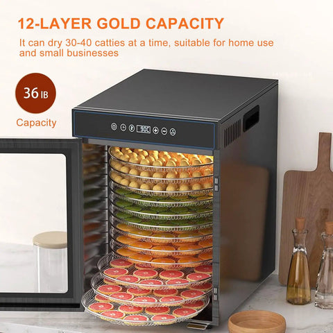 Kickstart Your Snack Game With This Whisper Quiet Electric Food Dehydrator Featuring 360 Rotating Trays Digital Timer And Glass Window For Flawless Jerky Fruit And Veggie Drying At Home showing 12-layer food dryer with colorful fruits and veggies.