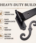 Eight Piece Steel Blind Shutter Hinges Set 11.75 Inch Black Wrought Iron Offset Pintle Strap Hinges With Four S Hooks Built Tough Heavy Duty Rust Resistant Hardware Kit For Indoor And Outdoor Use shown with heavy-duty build diagram