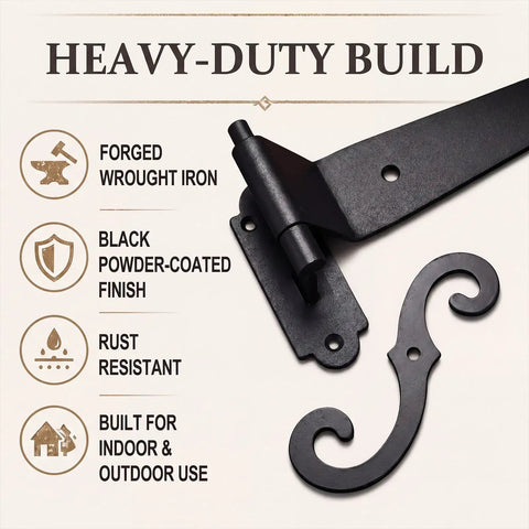 Eight Piece Steel Blind Shutter Hinges Set 11.75 Inch Black Wrought Iron Offset Pintle Strap Hinges With Four S Hooks Built Tough Heavy Duty Rust Resistant Hardware Kit For Indoor And Outdoor Use shown with heavy-duty build diagram