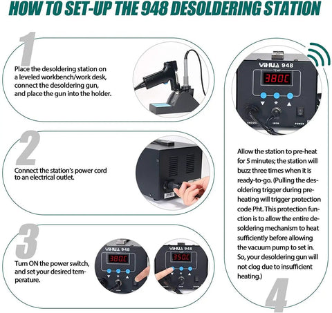 Instructions for setting up Two In One ESD Safe Desoldering Station 80W And 60W Soldering Iron with Desoldering Gun and controls