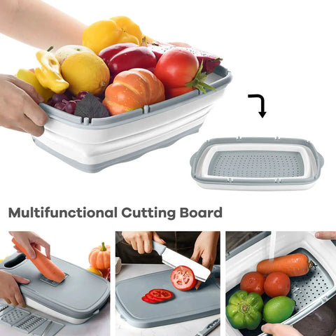 9 In 1 Collapsible Cutting Board With Colander For Camping And Outdoor Kitchens showing vegetables and chopping features