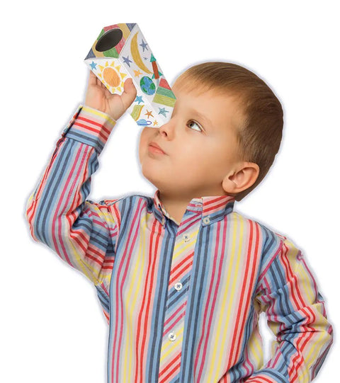 Young child using Kids Telescope Kit Build Your Own Telescopes 12 Pack 10 Inch Tubes With 2 Lenses Tape 80 Colorful Stickers Fun Stem Activity