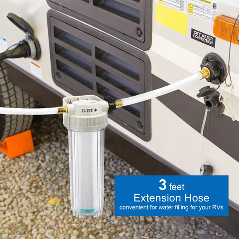 Real Deal Rv Water Filter Kicks Out Chlorine And Lead While Serving Hella Clean Taste Uses A Slick Nsf Certified Carbon Block For Marine Garden And Pet Safe Water, connected with a 3-foot hose at RV water intake.