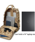 Rugged Tactical Sling Bag For EDC Gear Crossbody Chest Pack With MOLLE System 600D Nylon Water Resistant Dual D Rings US Flag Patch Black Edition For Daily Use open with gear showing size comparison to 14 inch laptop.