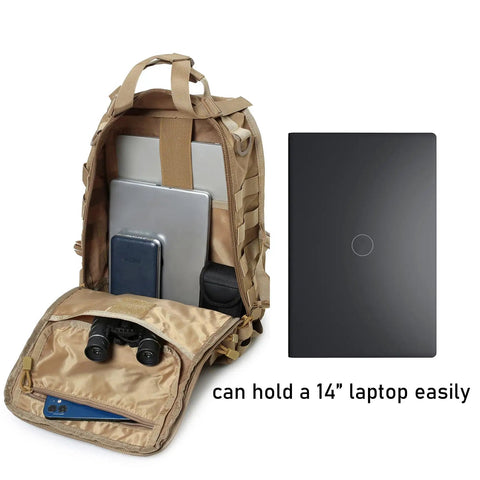 Rugged Tactical Sling Bag For EDC Gear Crossbody Chest Pack With MOLLE System 600D Nylon Water Resistant Dual D Rings US Flag Patch Black Edition For Daily Use open with gear showing size comparison to 14 inch laptop.