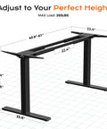 Huuger Dual Motor Electric Standing Desk Frame Black dimensions with adjustable height 28.4 to 46.5 inches for ergonomic setup.