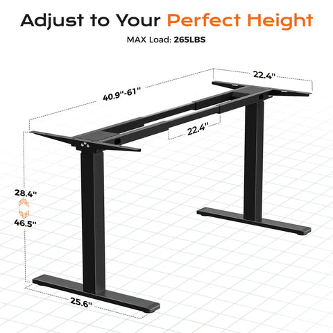 Huuger Dual Motor Electric Standing Desk Frame Black dimensions with adjustable height 28.4 to 46.5 inches for ergonomic setup.