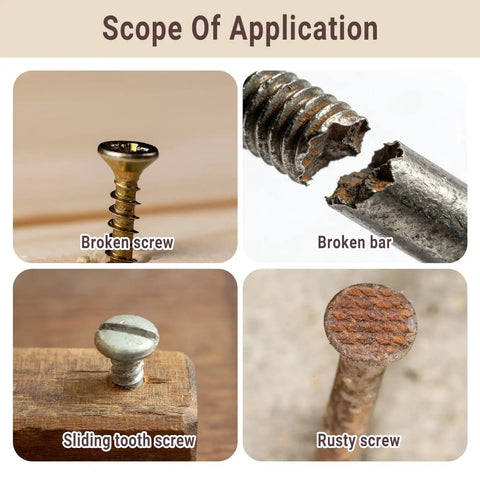 Image showing broken screw, broken bar, sliding tooth screw, and rusty screw for Beast 10 Piece Screw Extractor Kit For Stripped Bolts And Nuts MultiSpline Hex Breaker Set To Rescue Damaged Screws DIY Pro Grade Tool With Ten Sizes From 1/8 To 13/32 Inch For Home And Shop use demonstration.