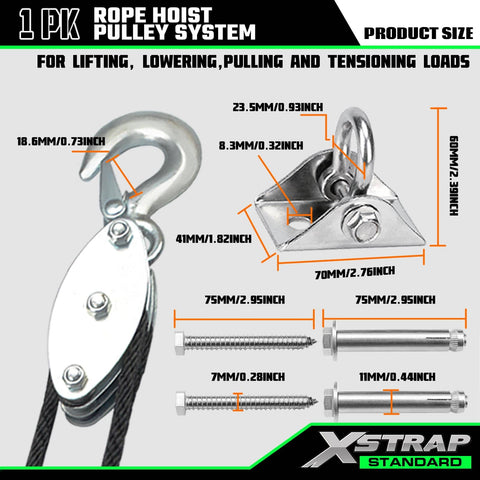Rope Hoist Pulley System 1000 Lb Capacity 5 To 1 Block And Tackle With 50ft beefy pulley stainless steel 304 rust proof