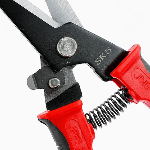 Close-up of Non Slip Snip Shears For Sheet Metal 9 Inch Manganese Steel Cutter With Labor Saving Lever Built To Last, red handle