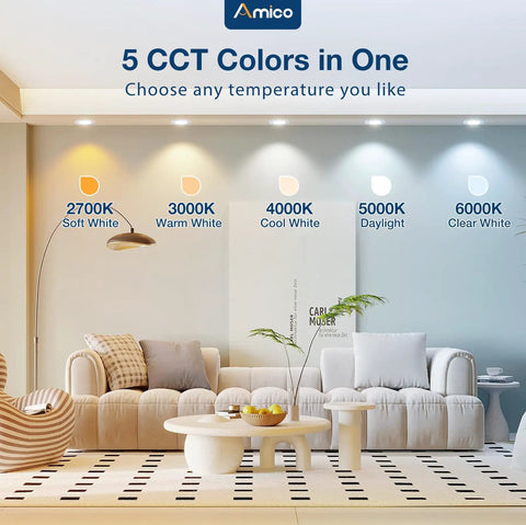 Living room with 20 Pack Recessed LED Can Lights With Dimmable IC Rated 12.5W Equal To 100W showing 5CCT selectable color temperatures