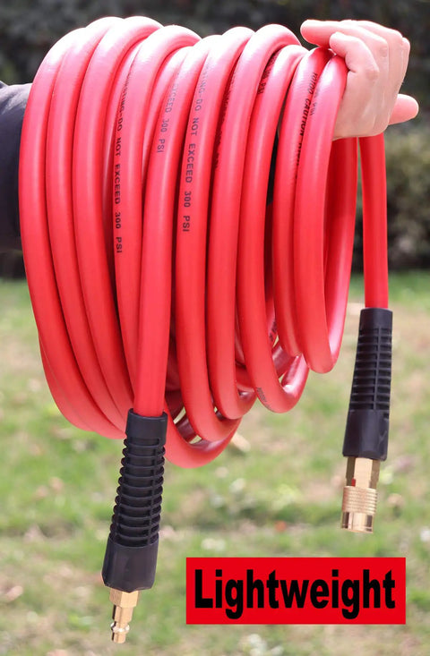 Person holding Pro Grade All Weather Air Hose Three Eighths Inch By Fifty Feet 300 PSI Heavy Duty Workhorse Lightweight with brass fittings.