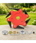 Cool Heavy-Duty 6-Tooth Brush Cutter Blade For Yard Machines Y60 with tools on a stone table in a garden setting.