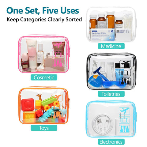 TSA Approved Clear Toiletry Bags Set, 5 Pack In 5 Colors, See Through Cosmetic Organizer Pouches for carry on, assorted contents visible