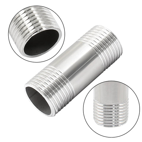 Side view of stainless steel 1/2-in NPT male-threaded double-ended pipe nipple, 2 inches long