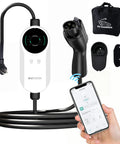 Level Two Portable Ev Charger Delivering Straight Up 3.5 Kw Adjustable 16 Amp Output with smartphone app pairing and connector.