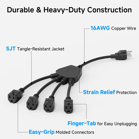 4 Outlet Power Splitter Cord 1.5ft Y Cable NEMA 5-15P To 5-15R 16 AWG Heavy Duty Extension Cord with strain relief