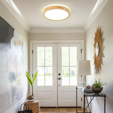 Wooden Flush Mount Ceiling Light Modern Round Fixture For Entryway And Hallway Minimalist Design With Acrylic Metal Ring Easy Install 11.8 Inch Size Warm White Glow Rustic Contemporary Homes