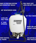 4 Gallon Backpack Sprayer For Bleach And Disinfectants with translucent white tank and adjustable nozzle, displayed with features listed.