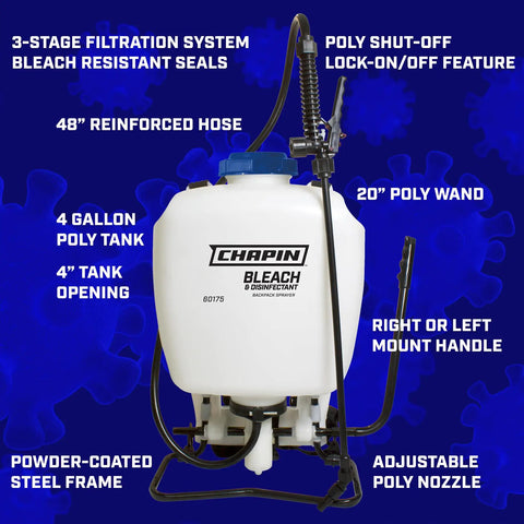 4 Gallon Backpack Sprayer For Bleach And Disinfectants with translucent white tank and adjustable nozzle, displayed with features listed.