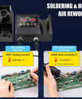 Dual Function Soldering Station With Hot Air Rework Kit 2 In 1 Digital Display Iron For Electronics Repair Portable SMD Rework Station 8898 Style Celsius And Fahrenheit Readout Auto Sleep And Easy Setup showing dual display and circuit board work