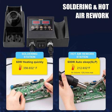 Dual Function Soldering Station With Hot Air Rework Kit 2 In 1 Digital Display Iron For Electronics Repair Portable SMD Rework Station 8898 Style Celsius And Fahrenheit Readout Auto Sleep And Easy Setup showing dual display and circuit board work